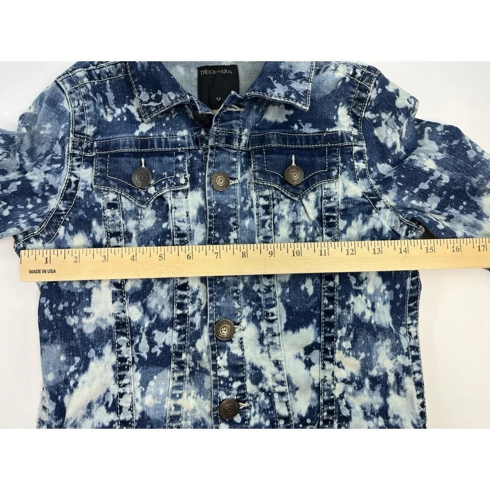 True Religion Denim Jean Jacket Youth Medium Distressed Acid Wash Blue White